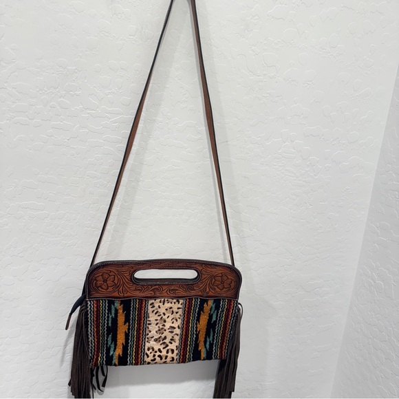 Rafter T Ranch Co Tooled Leather Should Bag Purse Southwestern Aztec Fringed - Picture 2 of 10